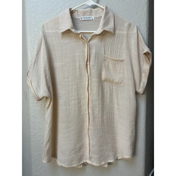 Jon & Anna Contemporary Cream Crinkle Gauze Blouse Relaxed Vacation Casual Sz XL - Image 6