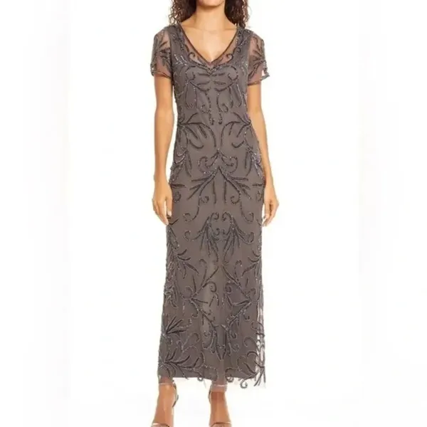 NWT Pisarro Nights Size 8 Beaded Mesh Column Gown Aluminum - Image 3