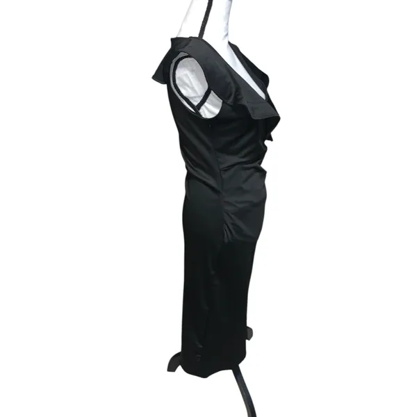 Women's V Neck Ruffle and Trim Wrap Hem Cap Sleeve Bodycon Midi Dress Satin Black - Image 6