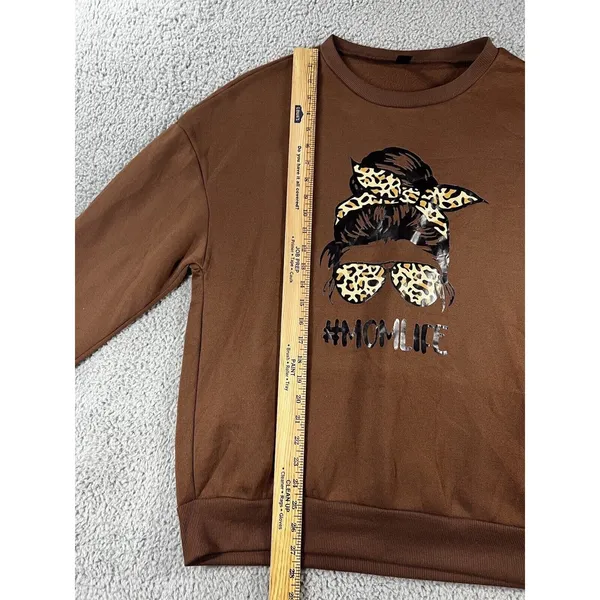 SheIn Mom Life Sweatshirt Women M Oversized Graphic Comfy Cheetah Messy Bun Motherhood - Image 6