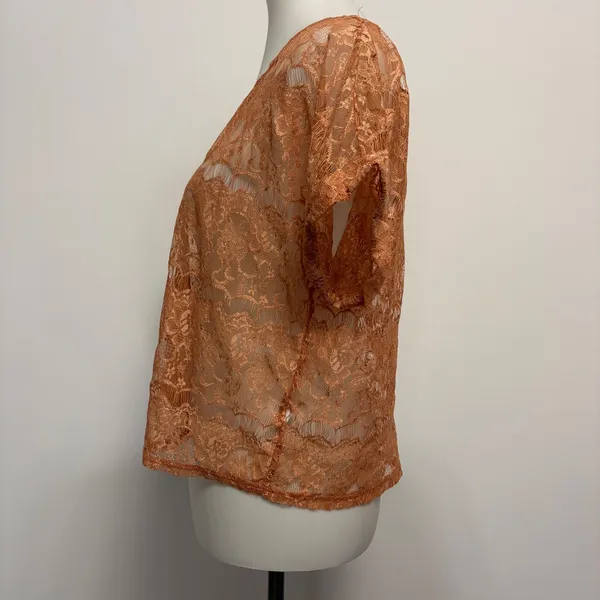 XXI Lace Top Large Orange Sheer Floral Scalloped Eyelash Trim Short Sleeve Y2K - Image 3