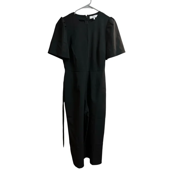 Lark & Ro Women's Puff Sleeve Split Neck Belted Crop Length Jumpsuit Black 6 - Image 3