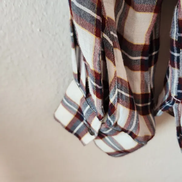 LOFT Autumn Plaid Blouse Softened Roll Tab Sleeve Crew Neck Cream Brown Rayon L - Image 5