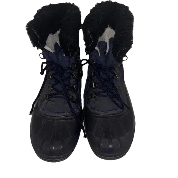 VTG Sorel Kaufman Canada Women 8 Navy Blue Black Faux Fur Trim Winter Snow Boots - Image 3