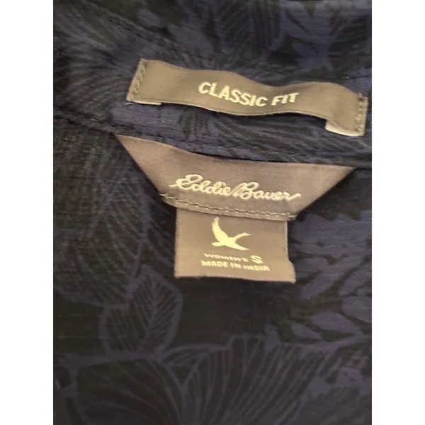 Eddie Bauer Womens Navy Blue Black Floral Sheer Button Down Blouse Small Classic - Image 2