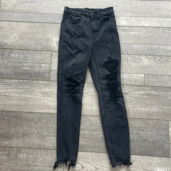 American Eagle Size 0 Black Distressed Super High-Rise Jeggings - Image 3
