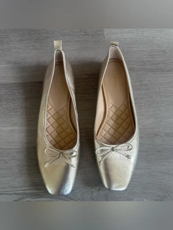 J. McLaughlin Ballet Flats Bow Women’s 9.5 Champagne Gold Square Toe Classic - Image 2