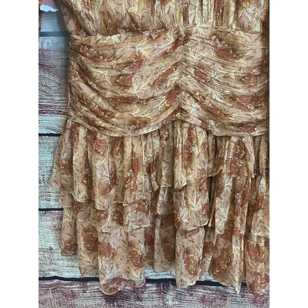 Anthropologie Ella Dress Sz 14 Floral Mini Tiered Ruffle Balloon Sleeve Gold - Image 7