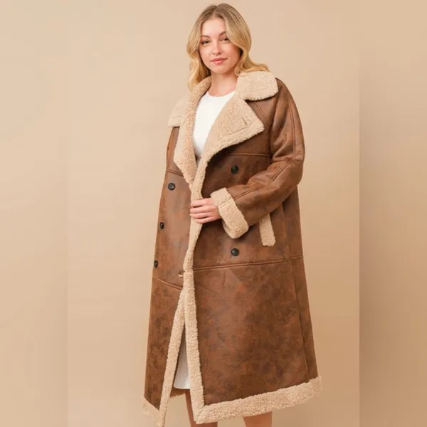 Faux leather teddy shearling long coat in chestnut - Image 3
