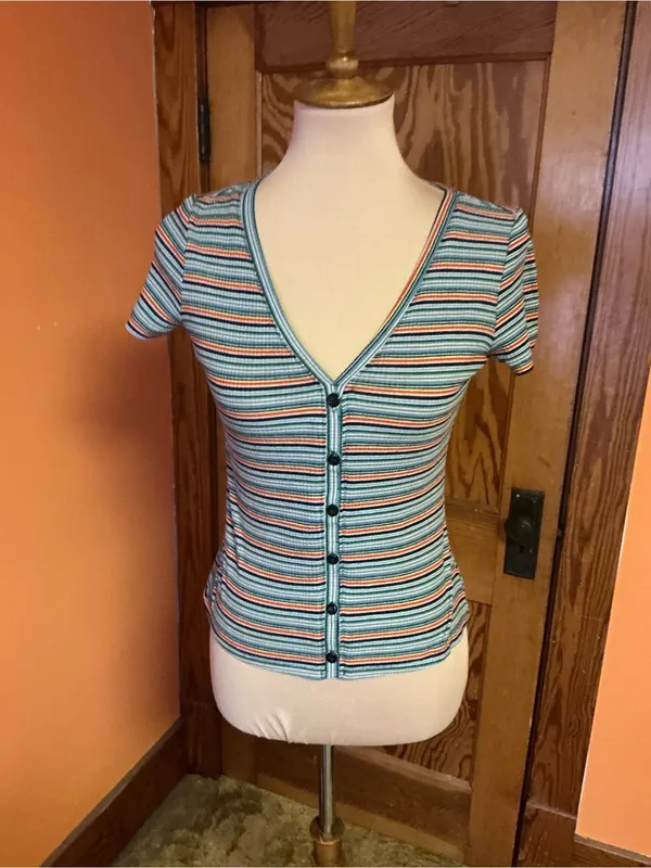Vintage 90s Rainbow Striped Button Front Fitted Top Baby Tee - Image 5