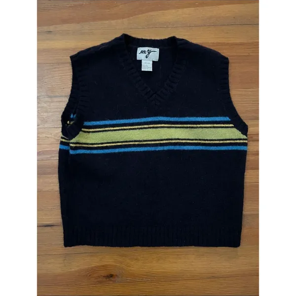 Vintage M.Y. Sportswear Wool Sweater Vest Womens Large Navy Blue Lime Striped - Image 3