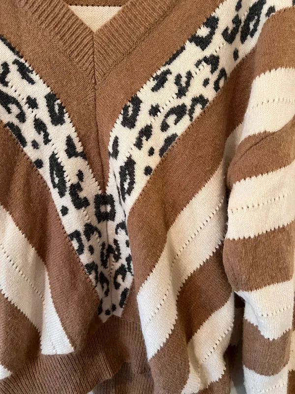 Striped Leopard V Neck Sweater Multi Size L - Image 3