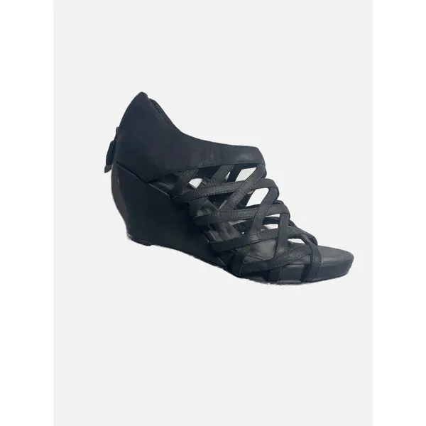 Eileen Fisher‎ Wedge Sandals Cage 6 Black Leather Caged Strappy Zip Back Heels - Image 2