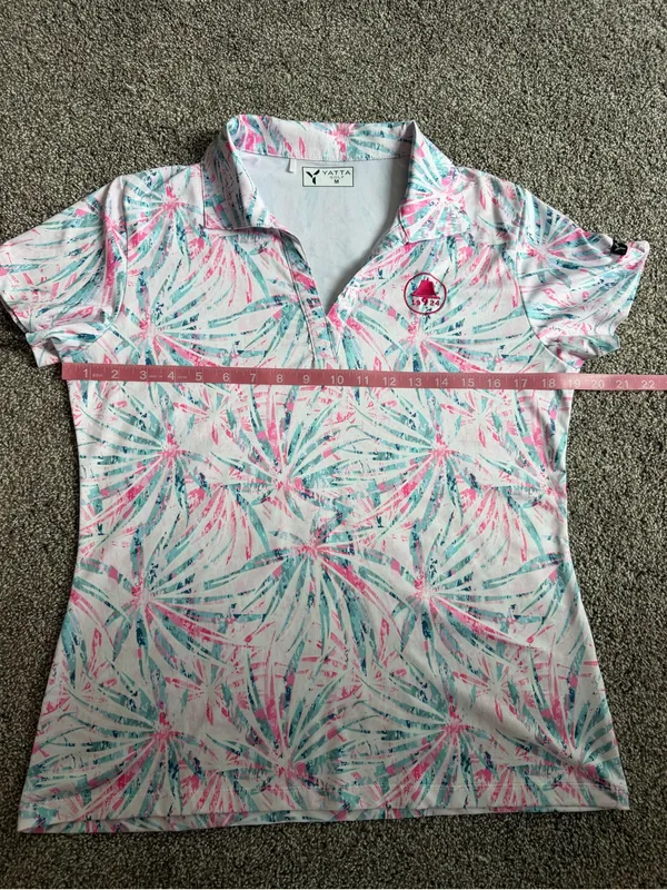 Yatta Golf Women’s M Pink Teal Tropical Palm Print Polo Shirt 19/24 Logo - Image 6