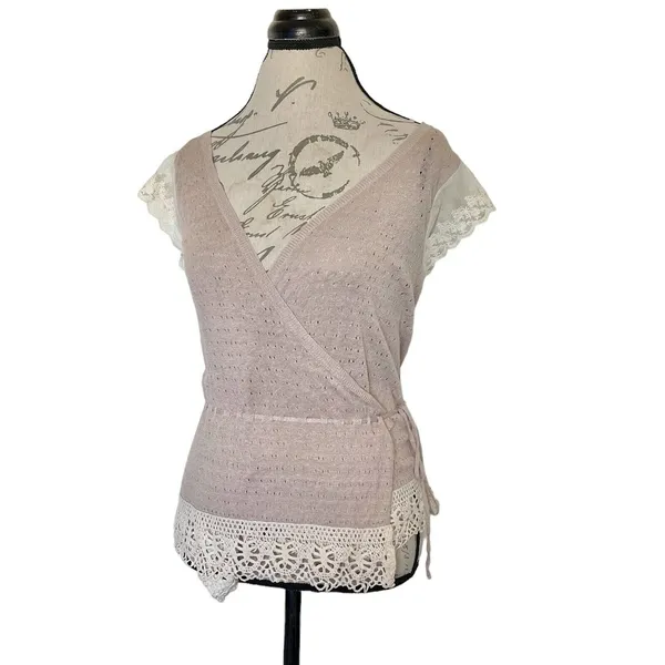 Banana Republic Women Knit Top Crochet Boho Neutral Lace Trim Surplice Wrap XS - Image 3