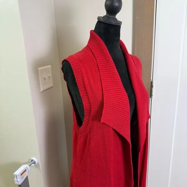 Coldwater Creek Red Sleeveless Long Red Knit Cardigan Cashmere Blend Holiday M - Image 3