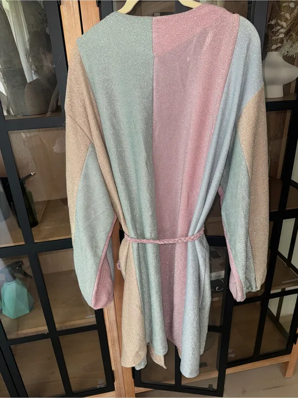 Main Strip Pastel rainbow wrap dress robe long sleeve shimmery glitter metallic QOS mini - Image 4
