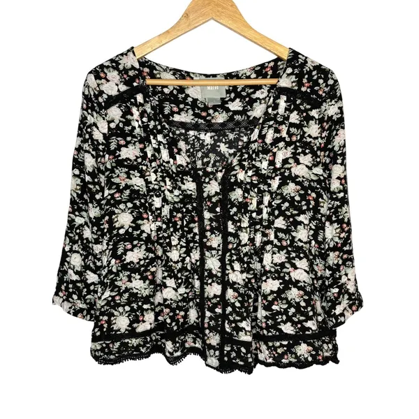 Maeve‎ Anthropologie Floral Lace Trim Blouse Womens 10 Black Boho Pleated Rayon - Image 4