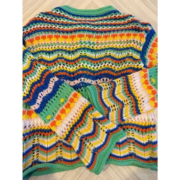 Multicolor Striped Open Knit Cardigan Bell Sleeve Boho Lightweight Small - Image 7