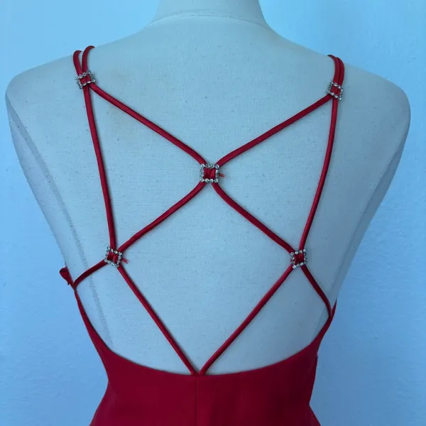 Vintage Solid Red Sleeveless Full Length Strappy Rhinestone Formal Dress - Image 9