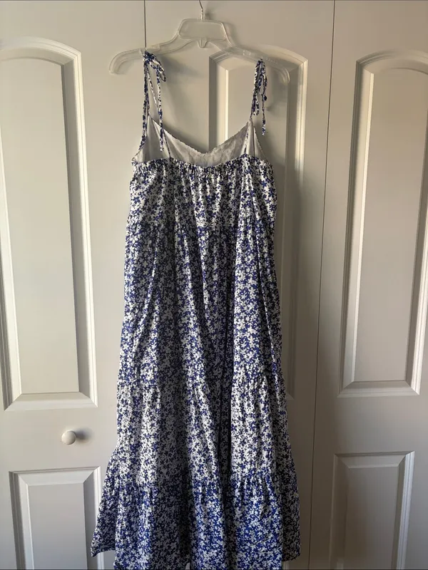 Nines by Hatch Tiered Blue Floral Maxi Dress with Tie Straps Size Large - Image 3