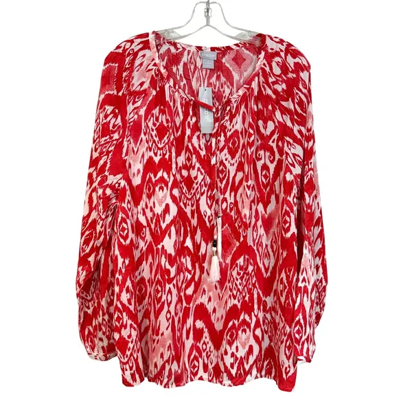 Chico's Popover Ikat Flare Top Women's 3 XL‎ Scarlet Boho Hippie Classic Fairy - Image 2