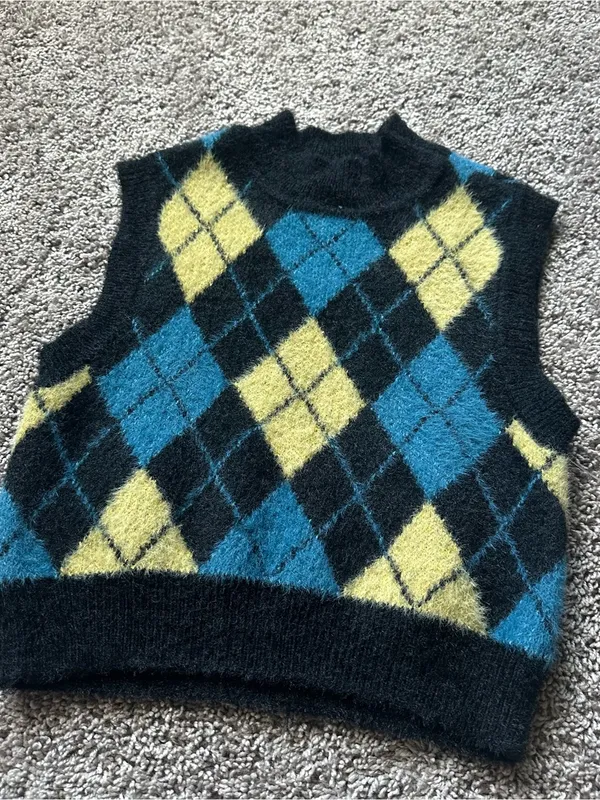 La Hearts Black Blue Yellow Argyle Fuzzy Knit Sweater Vest - Image 2