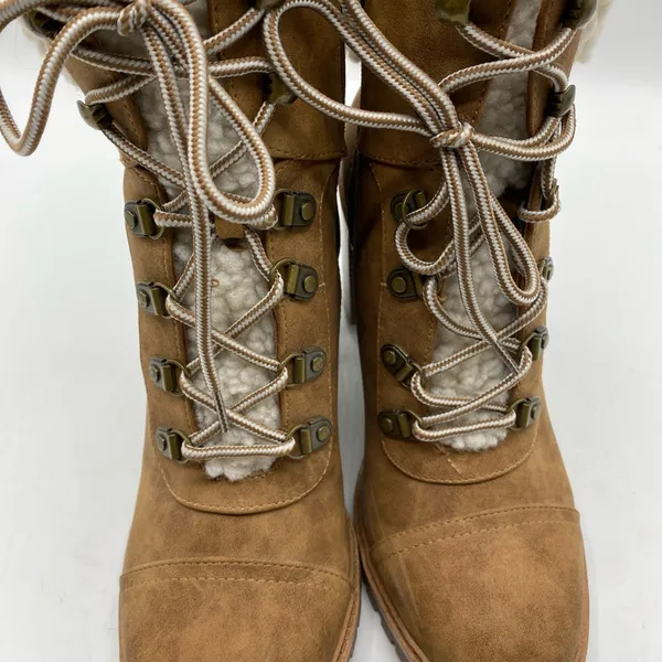 Chunky Heel Lace Up Faux Fur Lined Leather Boots 8.5 Nine West Brown Tan - Image 7