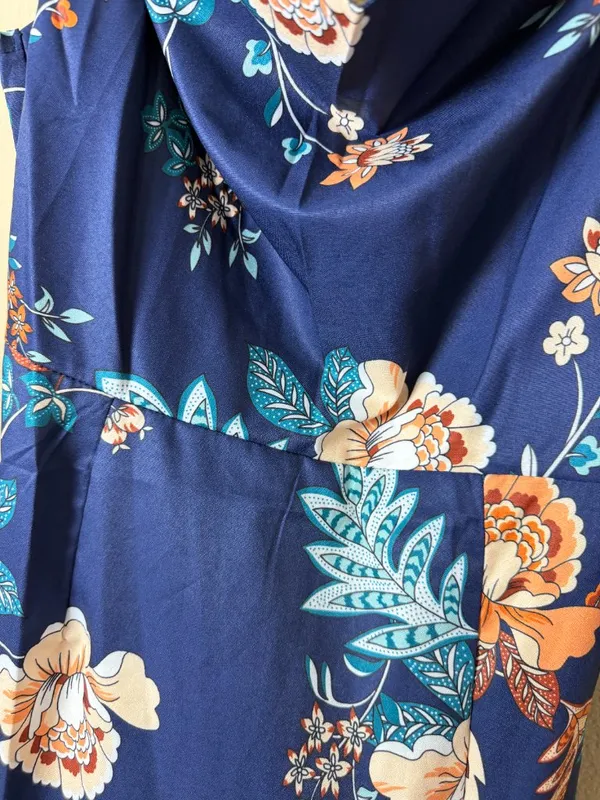 Drape Neck Floral Tank Dress with Side Slit Size Small Navy - Image 4