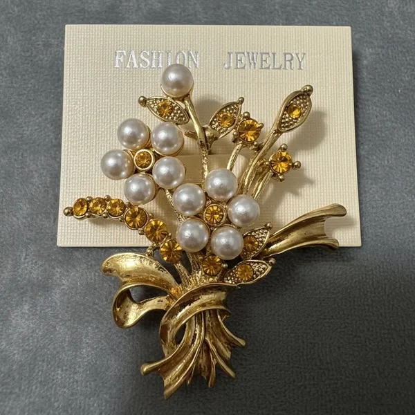 Vintage Gold Tone Floral Bouquet Brooch Faux Pearl Amber Rhinestone Pin - Image 2