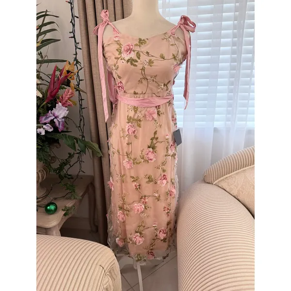 Lulus Authentic Sweetness Pink Floral Applique Tie-Strap Midi Dress - Image 4