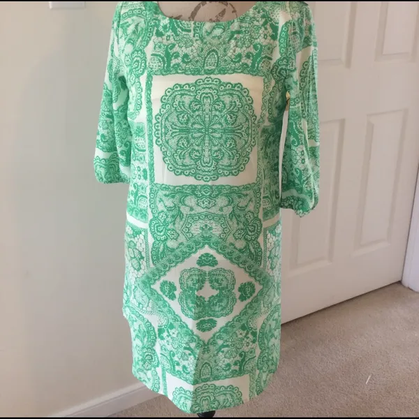 NWT Pink Owl Apparel Green Cream Paisley Print‎ Shift Dress Small - Image 2