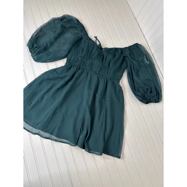 NWT Lulus Vivacious Arrival Emerald Chiffon Balloon Sleeve Mini Dress Size L - Image 4