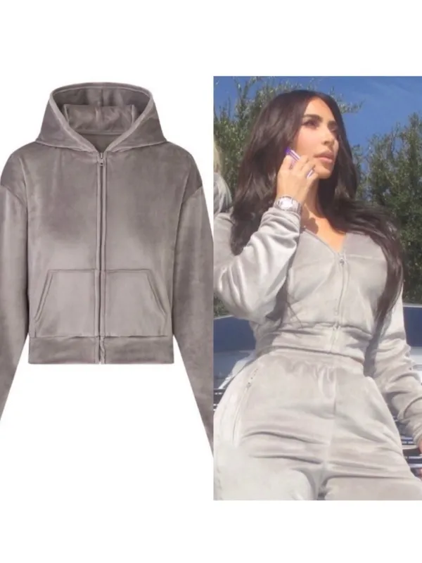 SKIMS Velour Zip Up Hoodie Jacket in Smoke size large limited edition NWOT - Image 2