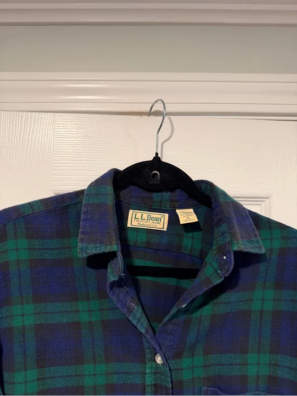 VTG L.L Bean Size 8 Blue Green Plaid Cotton Flannel Long Sleeve Button Shirt - Image 2