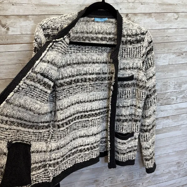 J McLaughlin Womens S Cardigan Open Sweater Tweed Knit Black & White Pockets - Image 4