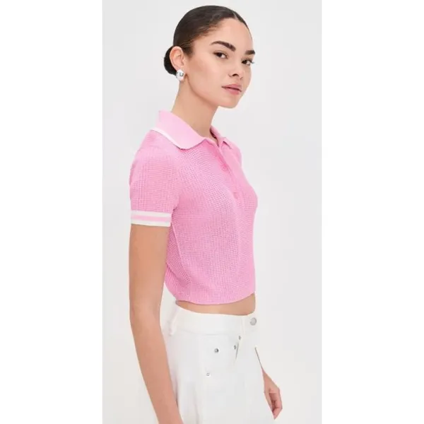 Jonathan Simkhai Whitten Pink Ribbed Knit Cropped Polo Top Size M - Image 7