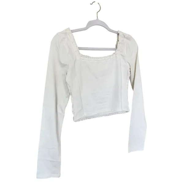 Free People Long Sleeve Lace Trim Crop Top Boho Ivory Size Large NEW - Image 6