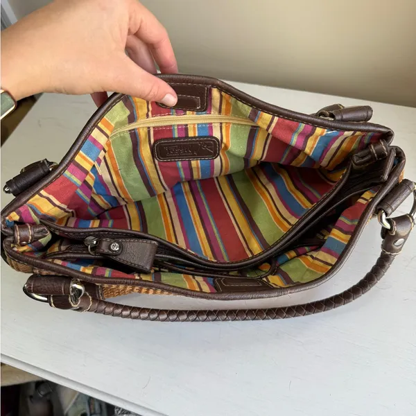 Vtg Fossil Raffia & Brown Leather Braided Handles Boho Spring Satchel - Image 10