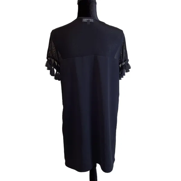 Lulus Womens Large Shift Dress‎ Iced Latte Black Mesh Tassel Sleeve Mini Event - Image 2