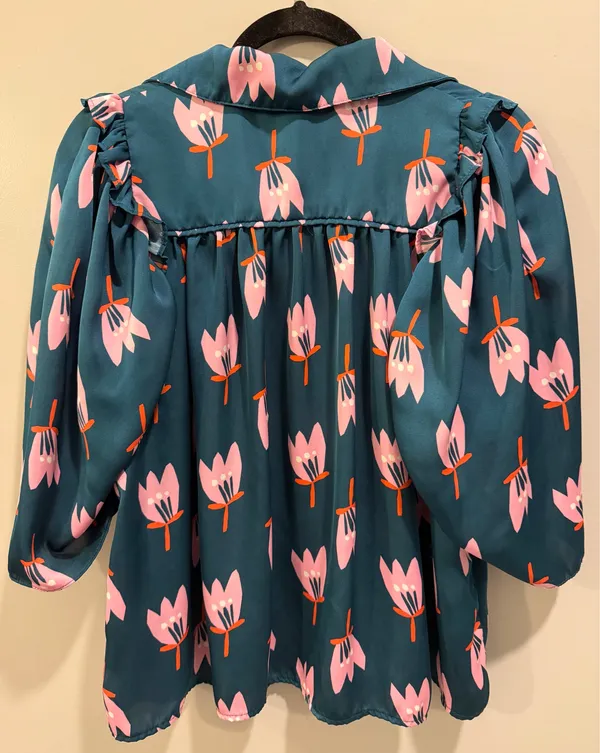 Karlie Poppy Floral Print Button Front Ruffle Detail Puff Sleeve Top Teal - Image 6