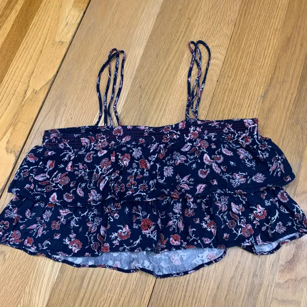 Zara Womens Small Navy Blue Floral Tiered Ruffle Crop Top Spaghetti Strap Cotton - Image 4