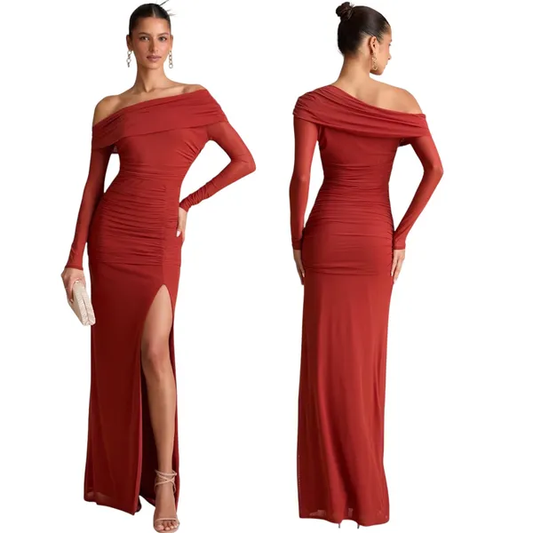 Lulus Darla Rust Red Mesh One-Shoulder Long Sleeve Maxi Dress size Large NWT - Image 2