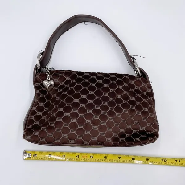 Vintage 90s Y2K Faux Fur Mini Bag Purse Chocolate Brown Printed Heart Charm Zip - Image 7