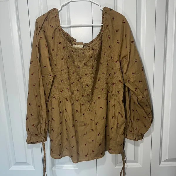 Smocked Off The Shoulder Top Blouse Womens 2X Brown Floral Cotton Cottagecore - Image 2