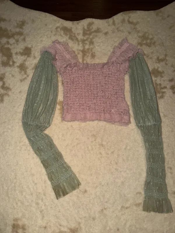Nwot FREE PEOPLE Nothing Sweeter Top lace mesh pink / green summer cottage boho - Image 3