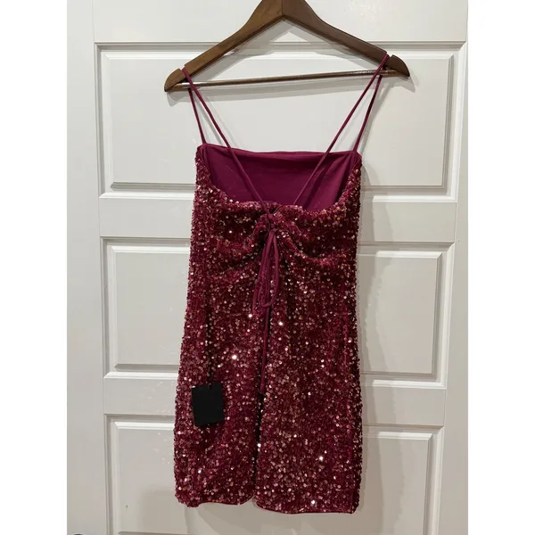 Lulus Perfect Sparkle Mauve Sequin Lace Up Mini Dress Large Cocktail Party Glam - Image 5