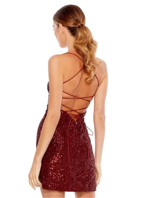 NWT MacDuggal 26479 Sequin Strappy Back Mini Formal Prom Dress Burgundy Size 6 - Image 3