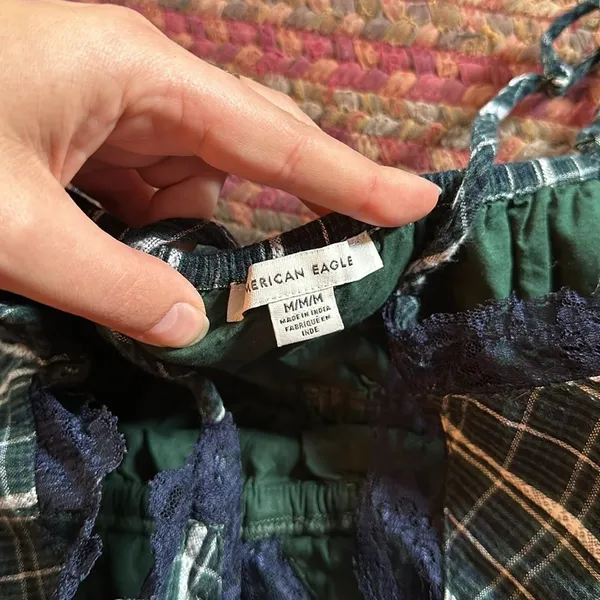 American Eagle Navy & Green Plaid Lace Cami Top - Image 3