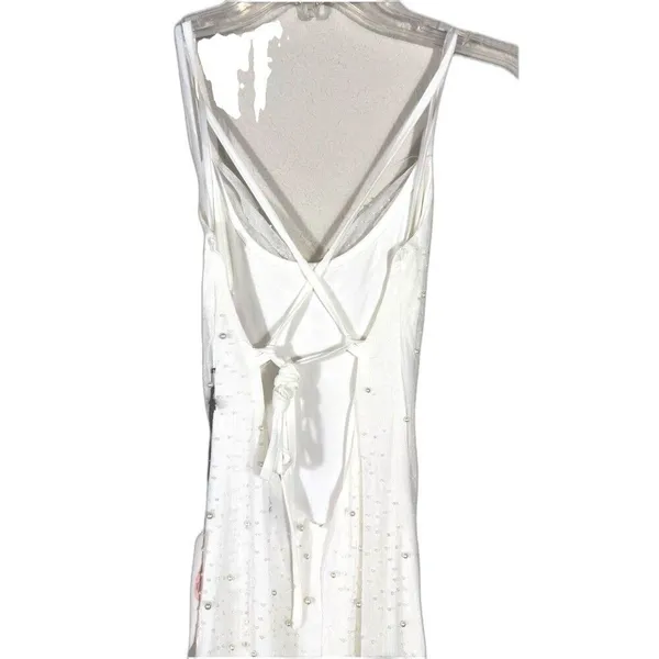 Midnight Doll White Pearl Beaded Midi Dress Small Open Back Rush Birthday - Image 5